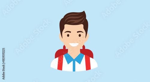 Flat design avatar of a smiling young male student with brown hair wearing a backpack on a blue background. The character is happy.
