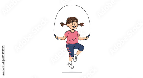 Happy little girl with pigtails is smiling while jumping rope as a fun form of exercise and play. The drawing is very cute.