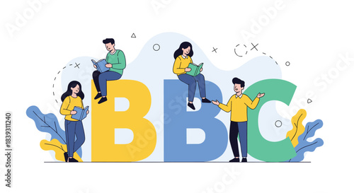 Small people are reading books while sitting on large colorful letters that spell out BBC on a white background. This is a flat design.