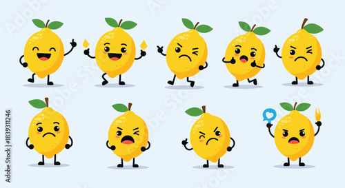 Set of cute lemon fruit characters with various expressions and poses from happy and sad to angry and surprised. The design is fun.
