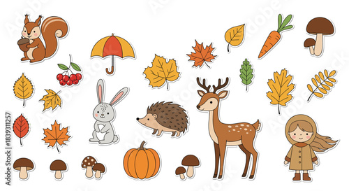 Large set of cute autumn-themed sticker icons including forest animals leaves mushrooms and a little girl. The design is beautiful.