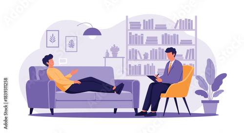 Man lies on a couch talking to a male therapist who is taking notes during a psychotherapy session. The design is very calm.