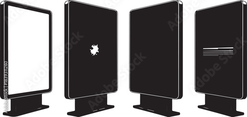 Set of four modern digital signage displays. isolated vector graphic of interactive advertising totems from various angles.