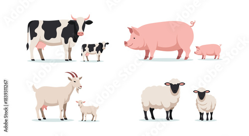 Set of cute cartoon farm animals with their young including a cow with a calf and a pig with a piglet. The background is white.