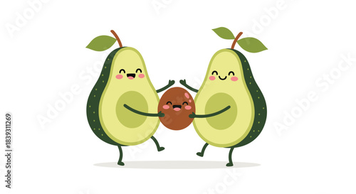 Happy avocado couple holds their smiling baby pit creating a cute and loving cartoon family on a white background. This is a sweet design.