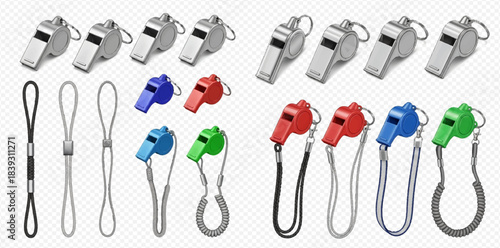 Set of realistic sports whistles with lanyards in various colors and materials for referees and coaches.