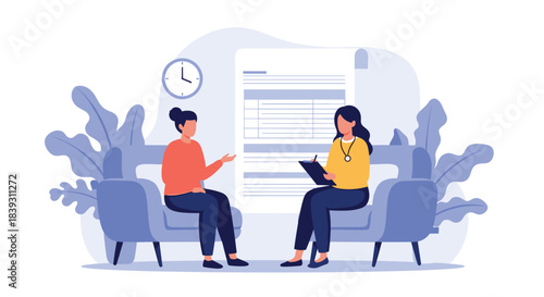 Woman has a consultation with a female doctor or professional who is taking notes on a clipboard in an office. The women are sitting.