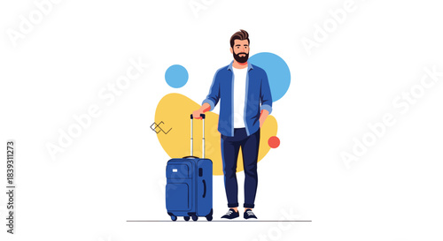 Stylish bearded man in casual clothes stands with his rolling suitcase ready for a trip or vacation. The character is very handsome.