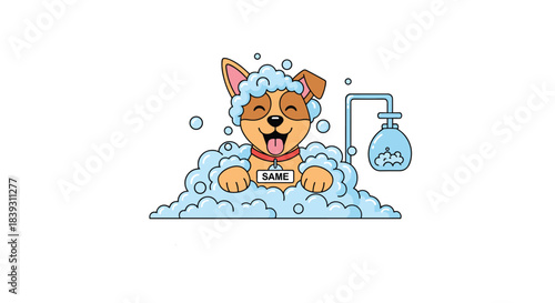 Happy cartoon dog named Same enjoys a bubble bath with soap suds covering its head in a pet grooming scene. The dog is very cute.