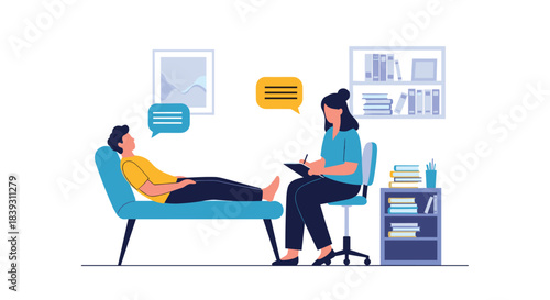 Man lying on a chaise lounge talks about his problems to a female psychotherapist during a therapy session. The scene is very calm.