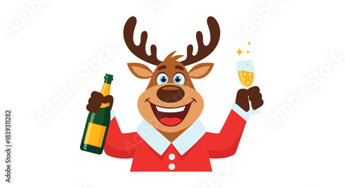 Cheerful cartoon reindeer character is celebrating with a bottle of champagne and a glass for Christmas or New Year. The design is very fun.