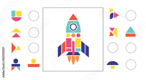 Educational puzzle game for kids where they must use various geometric shapes to build a colorful rocket ship. The exercise is fun.