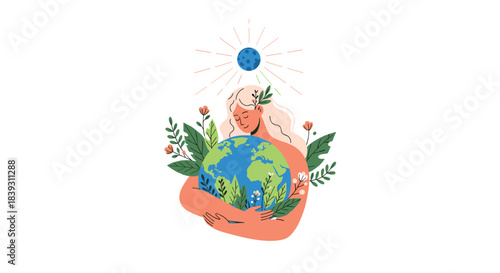 Beautiful woman representing Mother Earth tenderly hugs the planet which is covered in flowers and plants. The sun is shining.