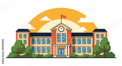 Classic red brick school building with a prominent clock tower and a flag stands under a large yellow sun on a clear day.