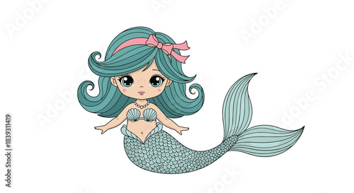 Charming little mermaid character with beautiful turquoise hair and a cute pink bow smiles sweetly in a whimsical fantasy illustration.