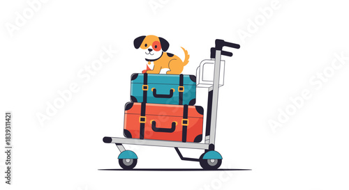 An adorable cartoon puppy sits happily on top of a stack of colorful suitcases loaded onto an airport luggage cart for travel.