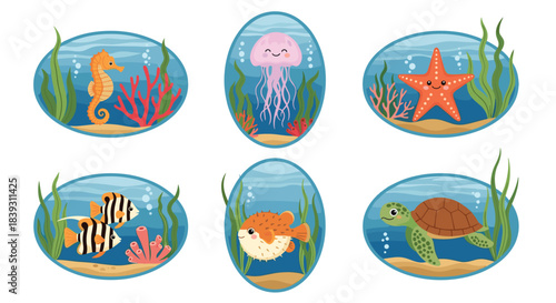 Set of six oval illustrations features cute sea animals like a seahorse jellyfish and turtle swimming among underwater plants.