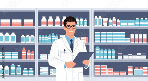 Friendly male pharmacist in a white lab coat holds a clipboard while smiling in a well-stocked pharmacy with shelves of medicine.