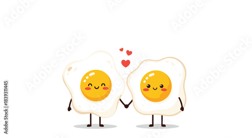 Two adorable kawaii fried eggs with smiling faces hold hands beneath floating red hearts in a cute romantic food character illustration.