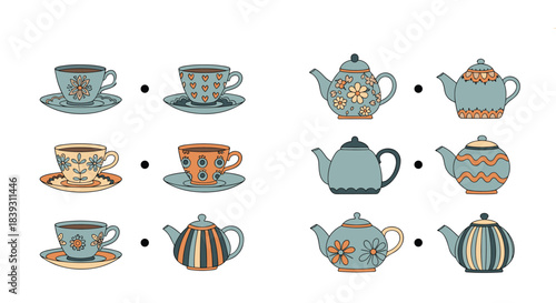 Children's matching game worksheet with cute teacups and teapots decorated with flowers and patterns to connect the pairs.