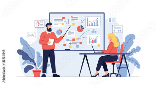 A male business coach gives a presentation with charts and graphs on a whiteboard to a female colleague working on a laptop.