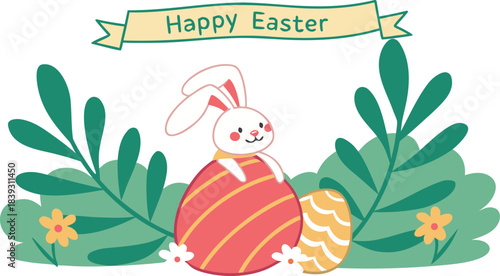 Happy easter cute white bunny on colorful striped egg with festive banner and flowers card