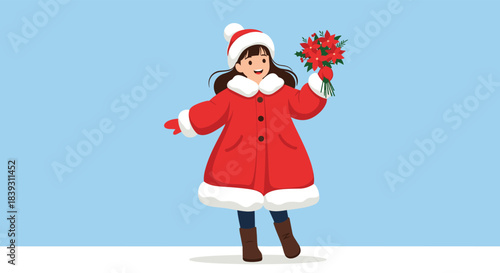 Happy girl wearing a red Santa coat and hat holds a bouquet of poinsettia flowers while standing in the snow for Christmas.