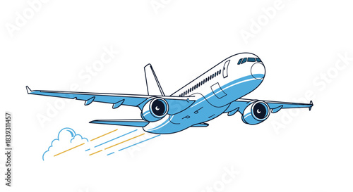A blue and white commercial airplane illustration shows the jet taking off at high speed with exhaust trails behind its engines.