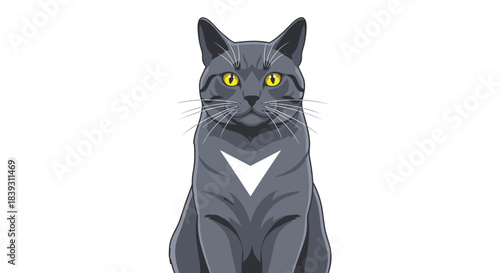 A sleek gray cat with striking yellow eyes and a distinctive white v-shaped mark on its chest sits looking forward intently.