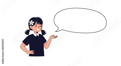A cheerful cartoon girl with pigtails and a flower in her hair is talking or presenting with an empty speech bubble for text.