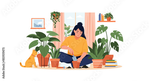 A young woman and her cat enjoy a relaxing day at home as she tends to her collection of indoor potted plants.