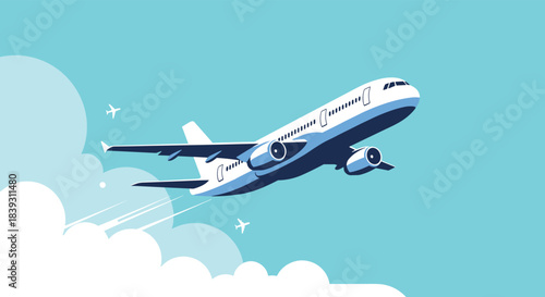 A commercial passenger airplane is depicted flying high above the clouds in a clear blue sky during its international flight.