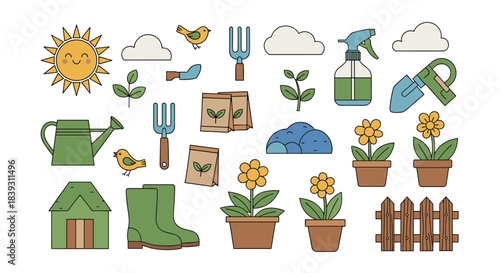 A charming collection of colorful gardening tools and elements including a watering can boots seeds flowers and a smiling sun.