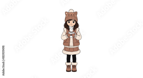 A cute anime-style girl in a warm brown winter outfit with a cat-ear hat holds a warm drink on a cold day.