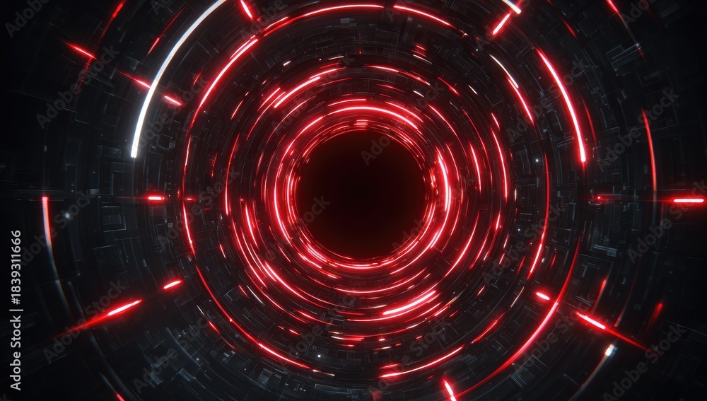Fototapeta premium Swirling lights in a tunnel-like structure with bright red concentric circles and a black center hole