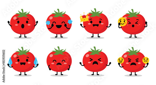 A set of cute tomato characters shows a range of emotions including surprise happiness sadness and anger in a fun illustration.