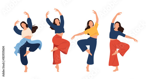 Four graceful young women in casual and colorful outfits are captured in various dynamic and expressive contemporary dance poses.