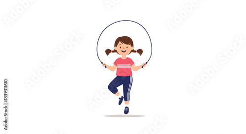 A happy young girl with pigtails is smiling while actively jumping with a skipping rope for fun and exercise outdoors.