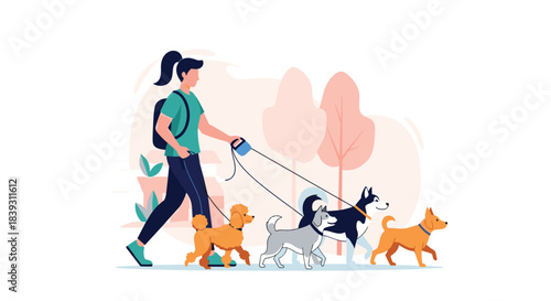 A young woman works as a professional dog walker leading a group of four different breeds of dogs through a park.