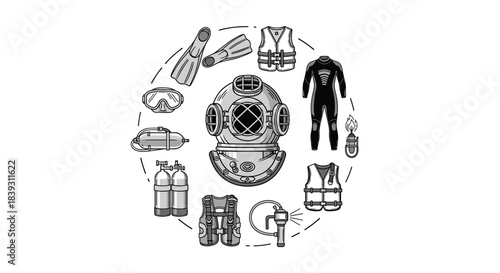 A collection of vintage and modern scuba diving equipment is arranged in a circle around an old-fashioned diving helmet.
