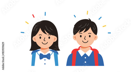 Happy and bright elementary school boy and girl are smiling with sparkles around their heads in this cute portrait illustration.