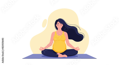 A calm pregnant woman with long dark hair meditates peacefully in the lotus position on a yoga mat against a soft background.