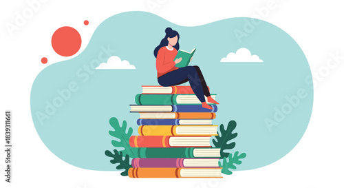 A young woman is sitting on a tall stack of colorful books and reading peacefully outdoors under a clear blue sky.