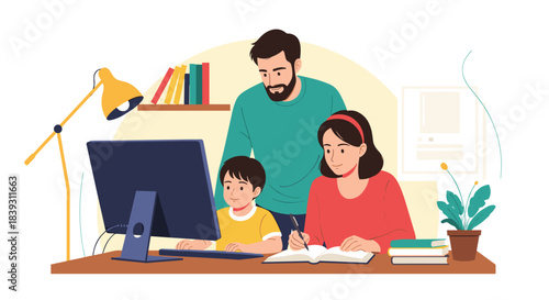 A father helps his two children a boy and a girl with their homework and online learning on a computer at home.