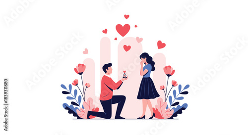 A man kneels down to propose marriage with an engagement ring to a surprised woman amid flowers and floating red hearts.