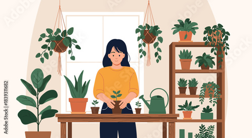 A woman tends to her extensive collection of indoor plants in a bright and cozy room creating a serene urban jungle.