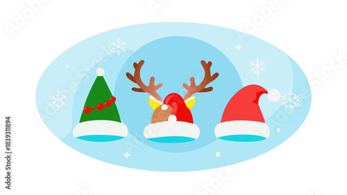 A christmas themed image showing santa hats, reindeer antlers and an elf hat on a light blue background .vector icon