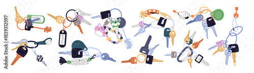 Set of different door key chains. Bunches of keyrings with trinkets hanging on rings. Keychains from house, office, apartment and real estate. Flat isolated vector illustrations on white background.