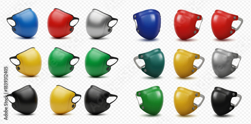 Set of colorful boxing headgear for protection during combat sports training.