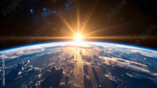 Majestic Earth View From Space With Rising Sun And City Lights Creating Hopeful And Inspiring Atmosphere In Dark Space Background